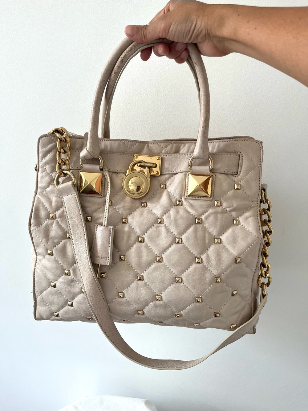 Michael Kors Hamilton Quilted Cream Leather Satchel with Gold Studs - Picture 16 of 16